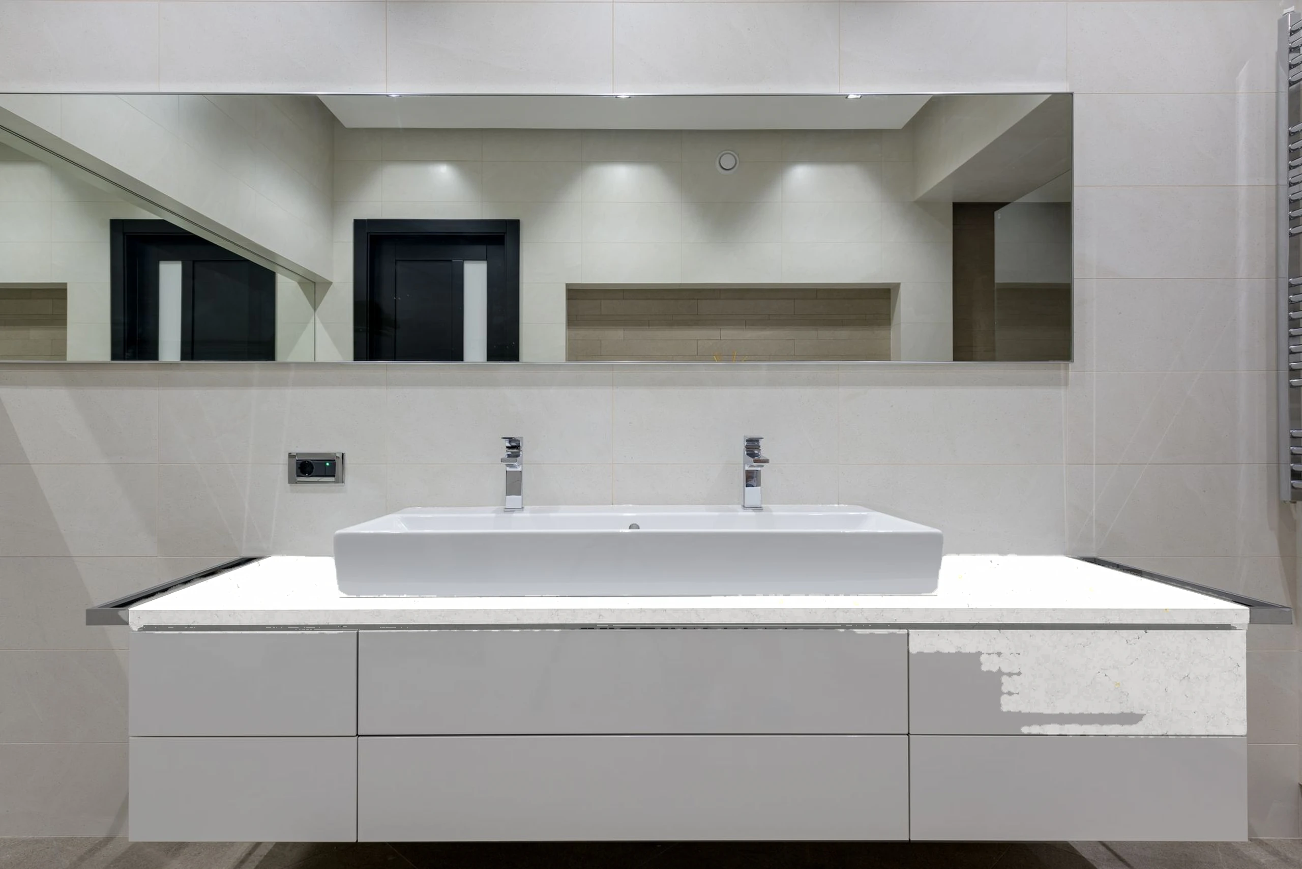 White double-trough vanity — visualised with London Grey quartz