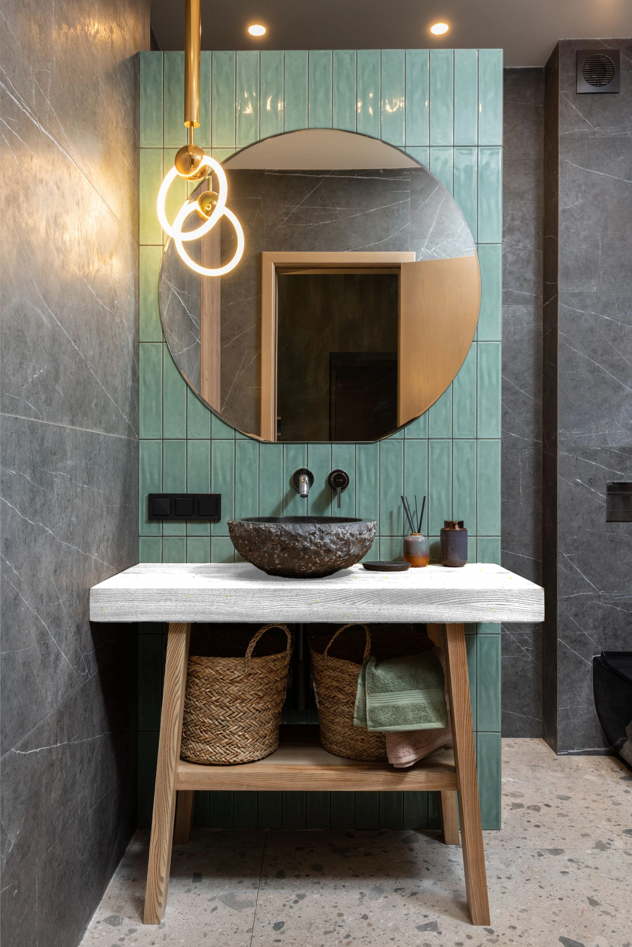Washstand with vessel basin — visualised with London Grey quartz