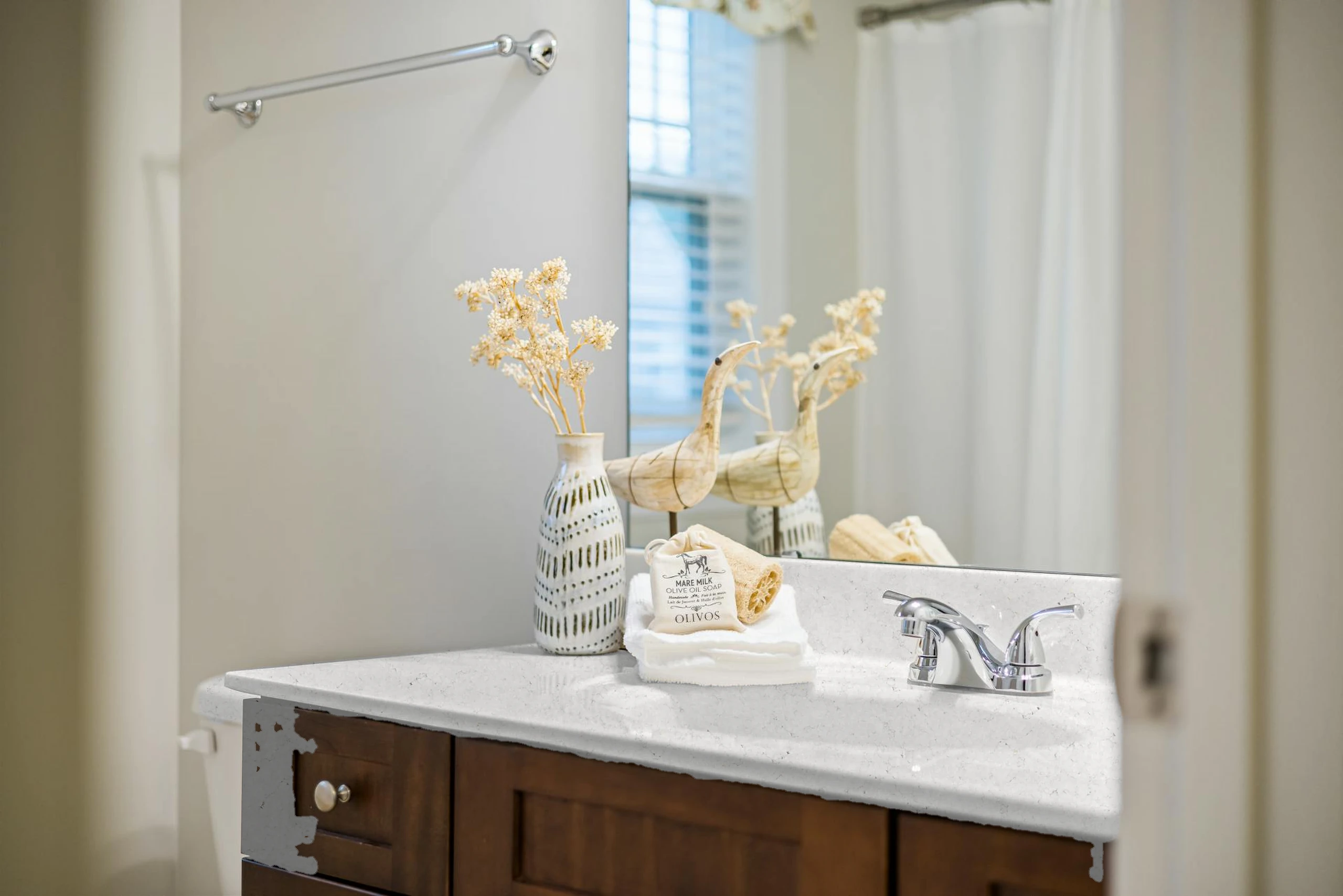 Wood vanity, vessel basin — visualised with London Grey quartz