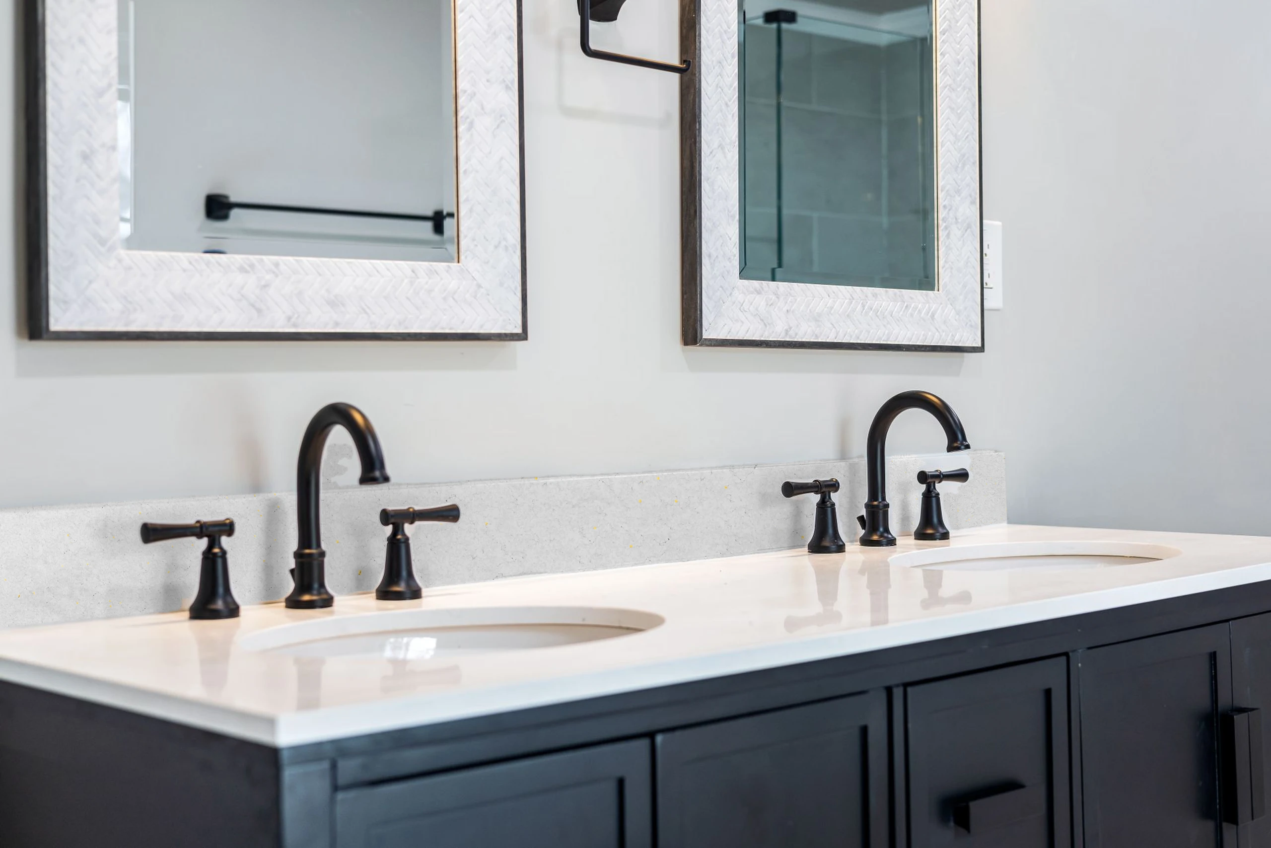 Quartz double-basin top — visualised with London Grey quartz
