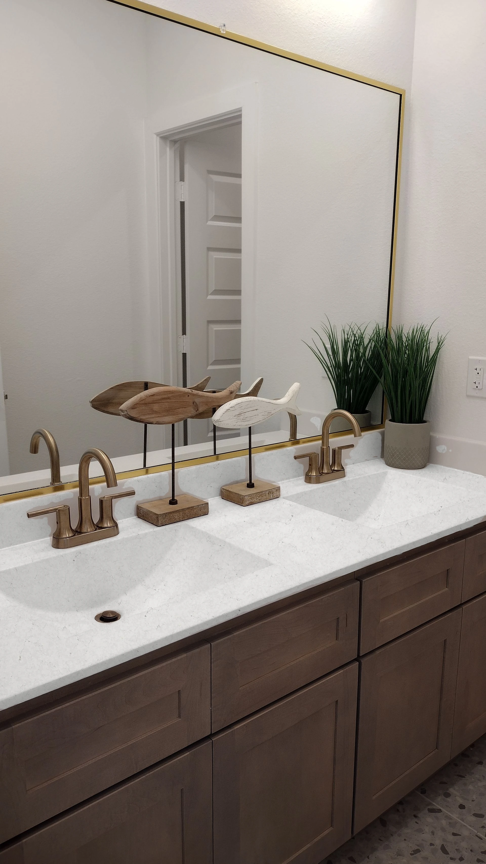 White double-basin vanity — visualised with London Grey quartz