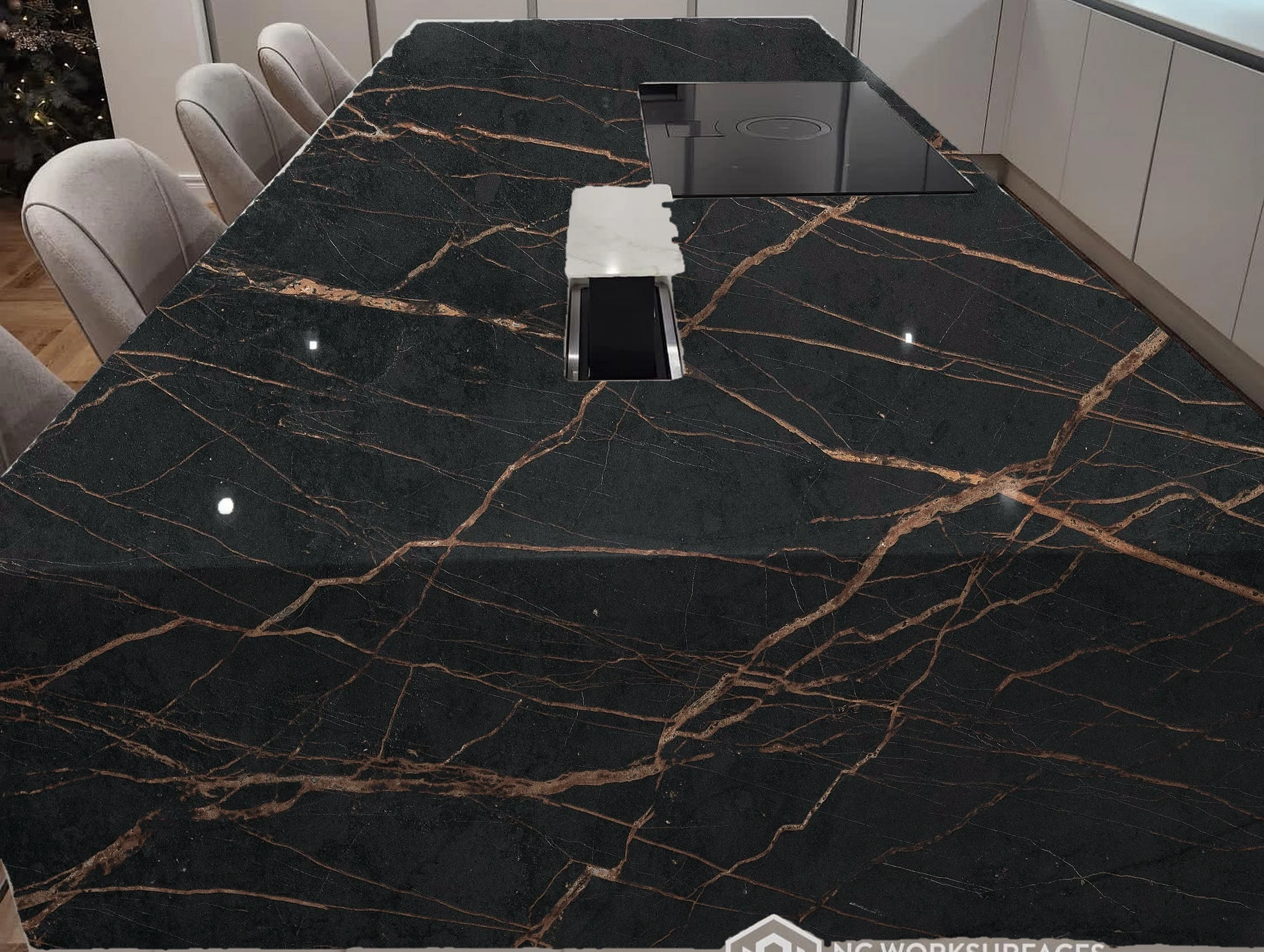 A Leeds kitchen island fitted with a Dekton Laurent porcelain worktop