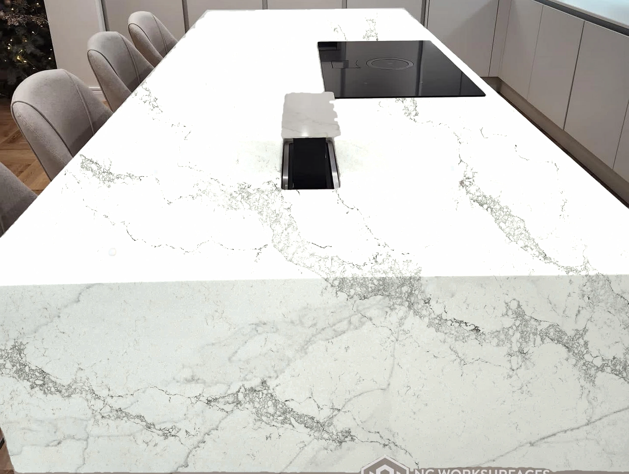 White marble island, hob — visualised with Statuario Maximus quartz