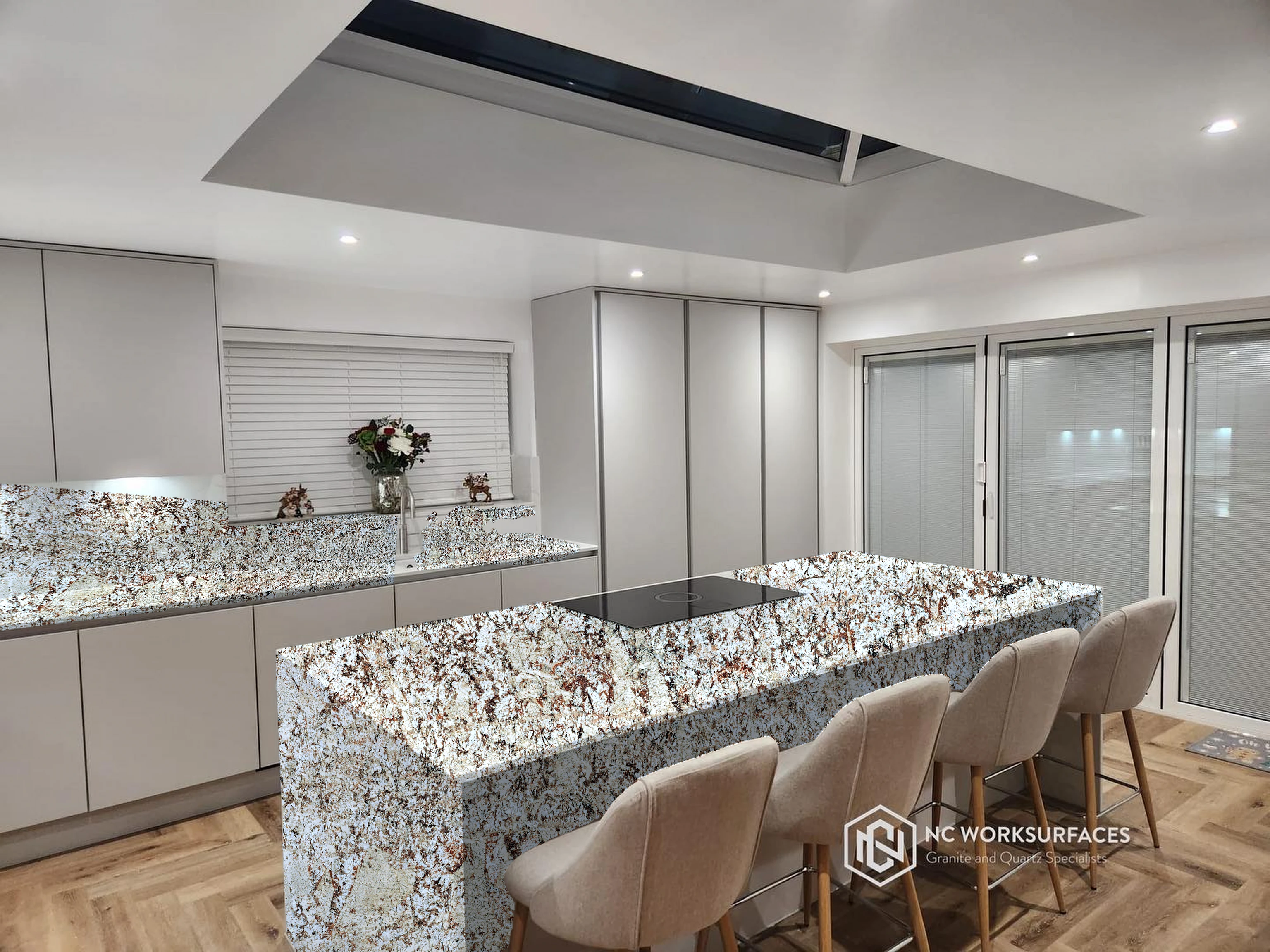 White island with side run — visualised with Bianco Antico granite