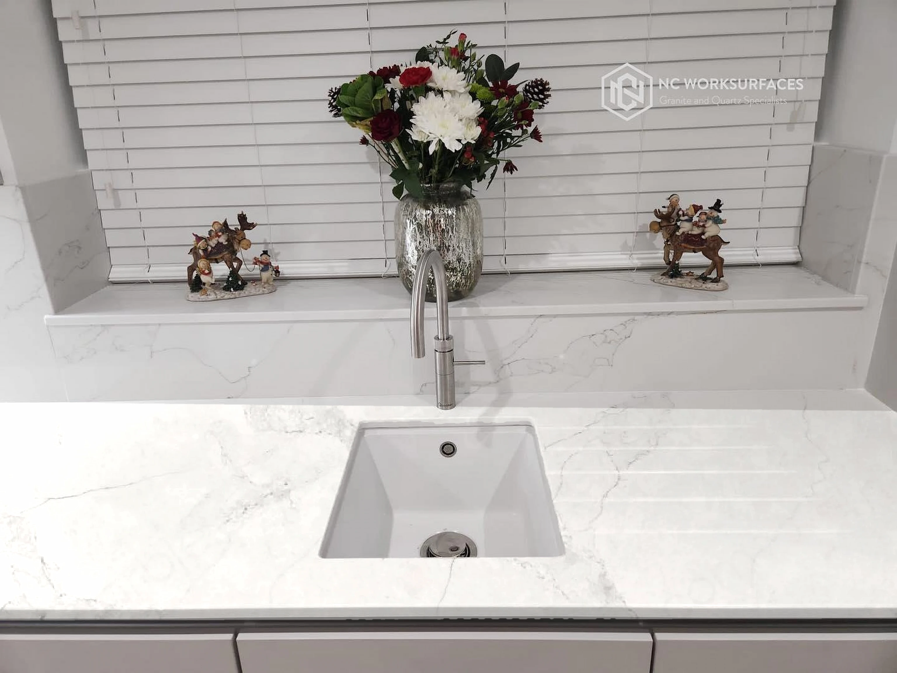 White marble sink run — visualised with Calacatta Nuvo quartz