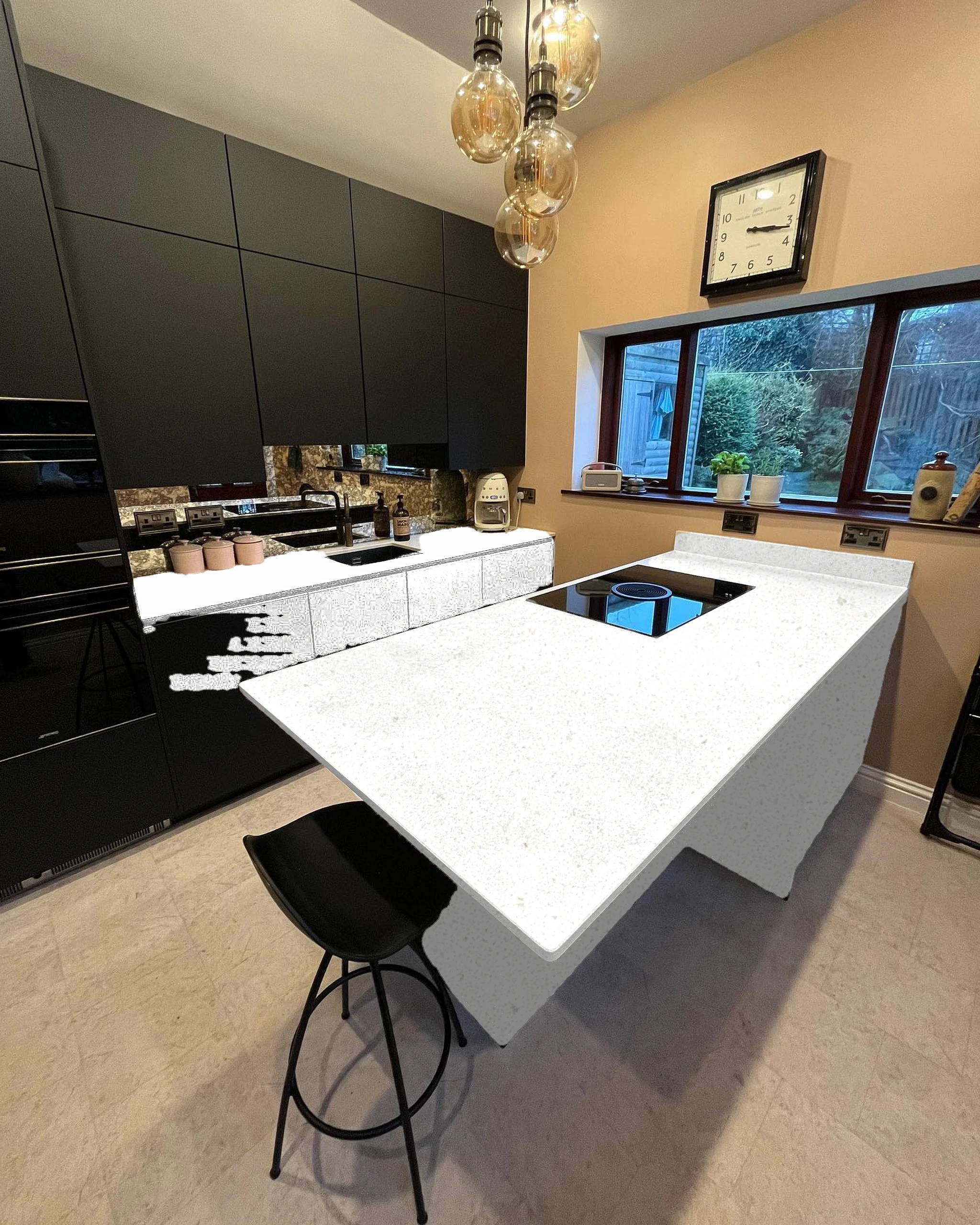 Pale island with hob — visualised with Pure White quartz