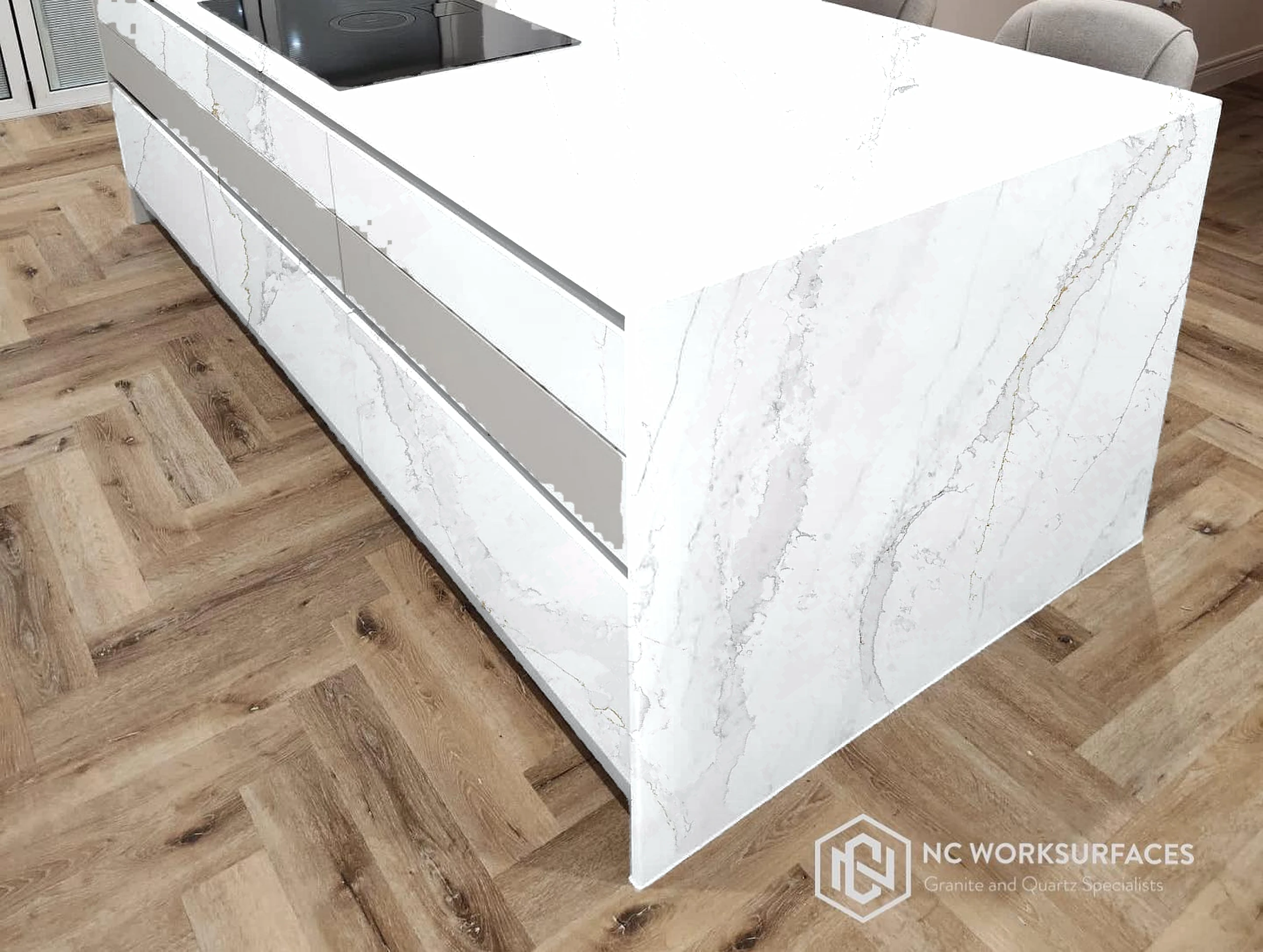 White marble waterfall island — visualised with Eternal Calacatta Gold quartz