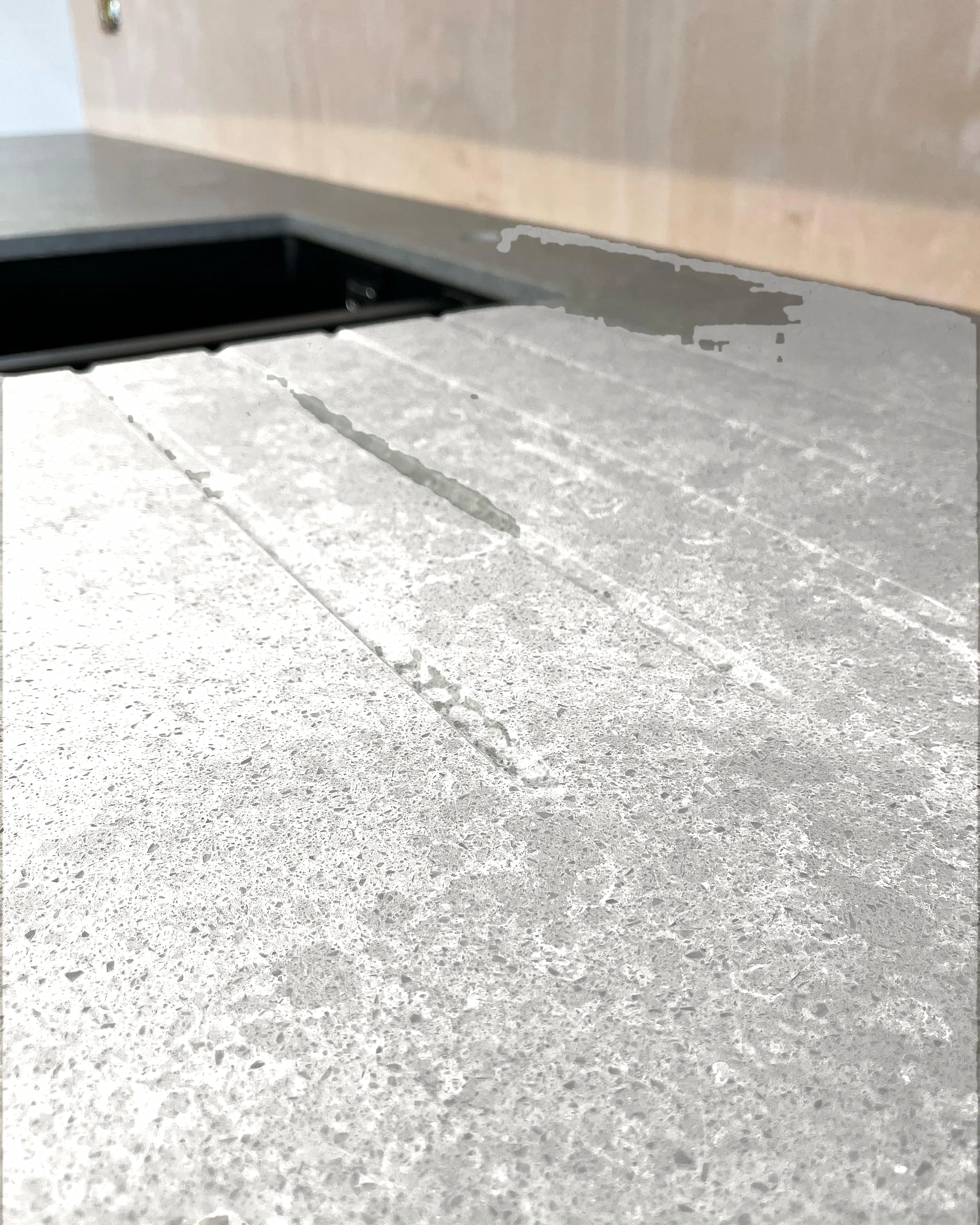 Grey quartz worktop detail — visualised with London Grey quartz