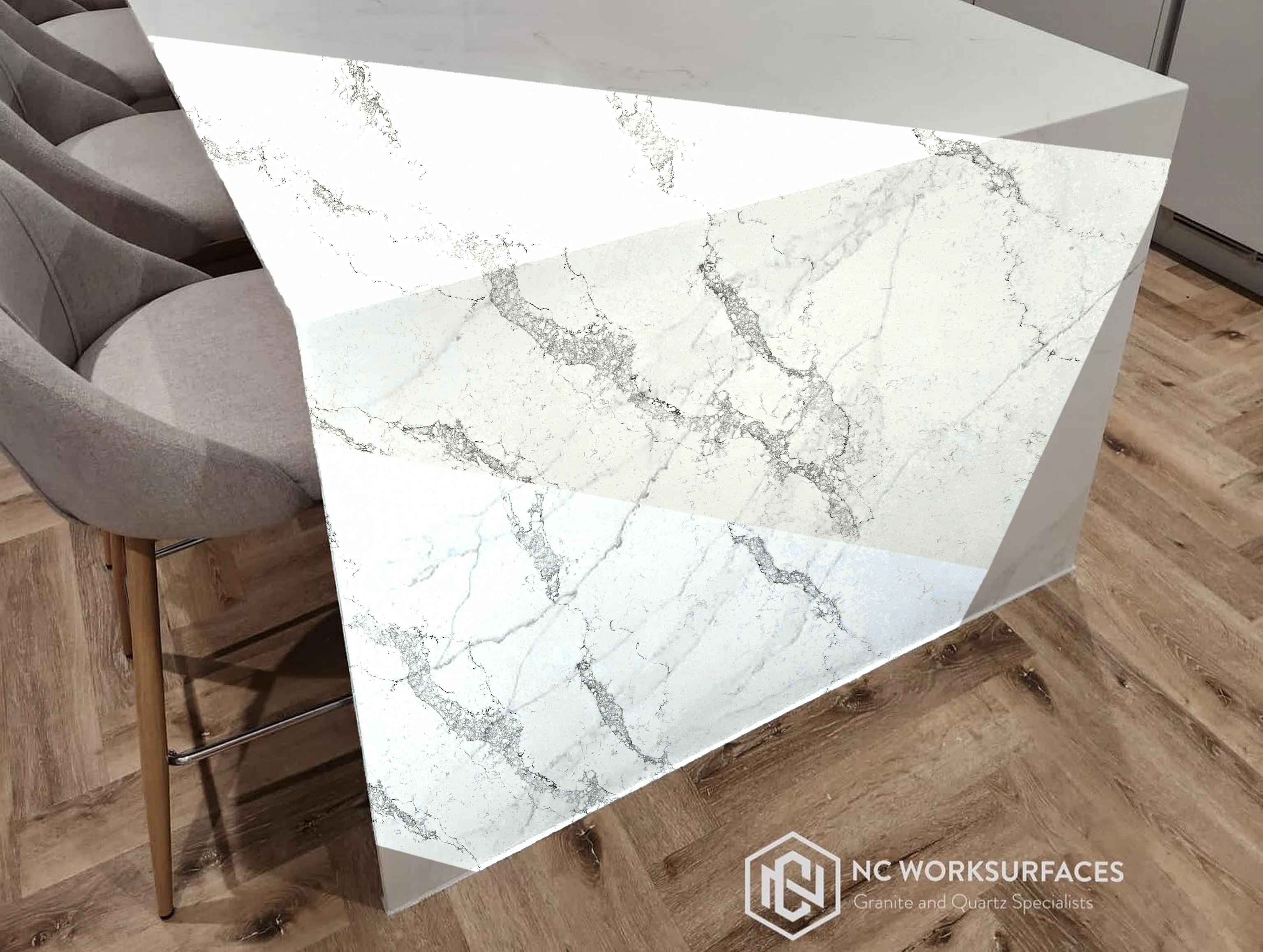 White marble waterfall island — visualised with Statuario Maximus quartz