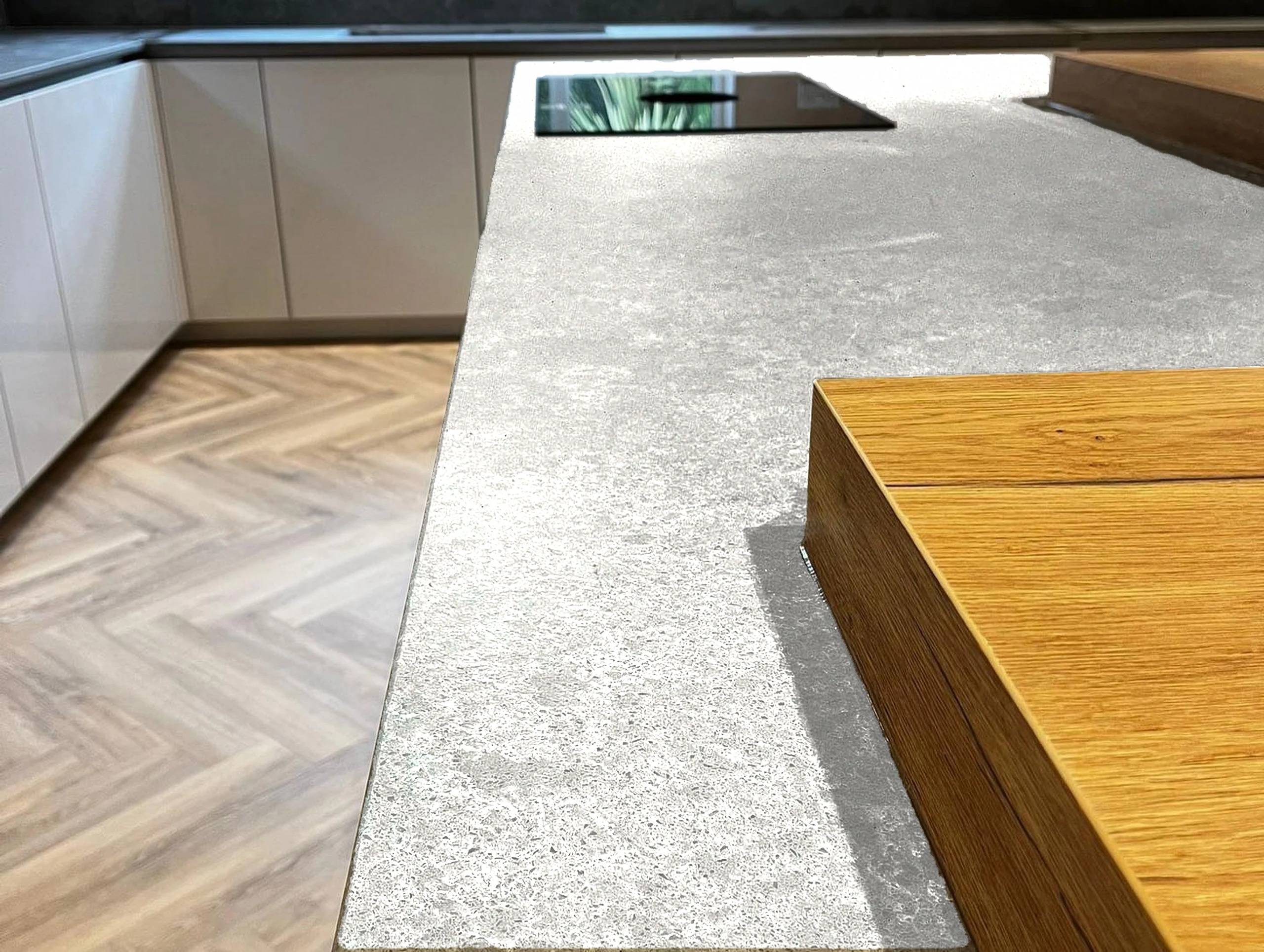Grey stone worktop detail — visualised with Fresh Concrete quartz