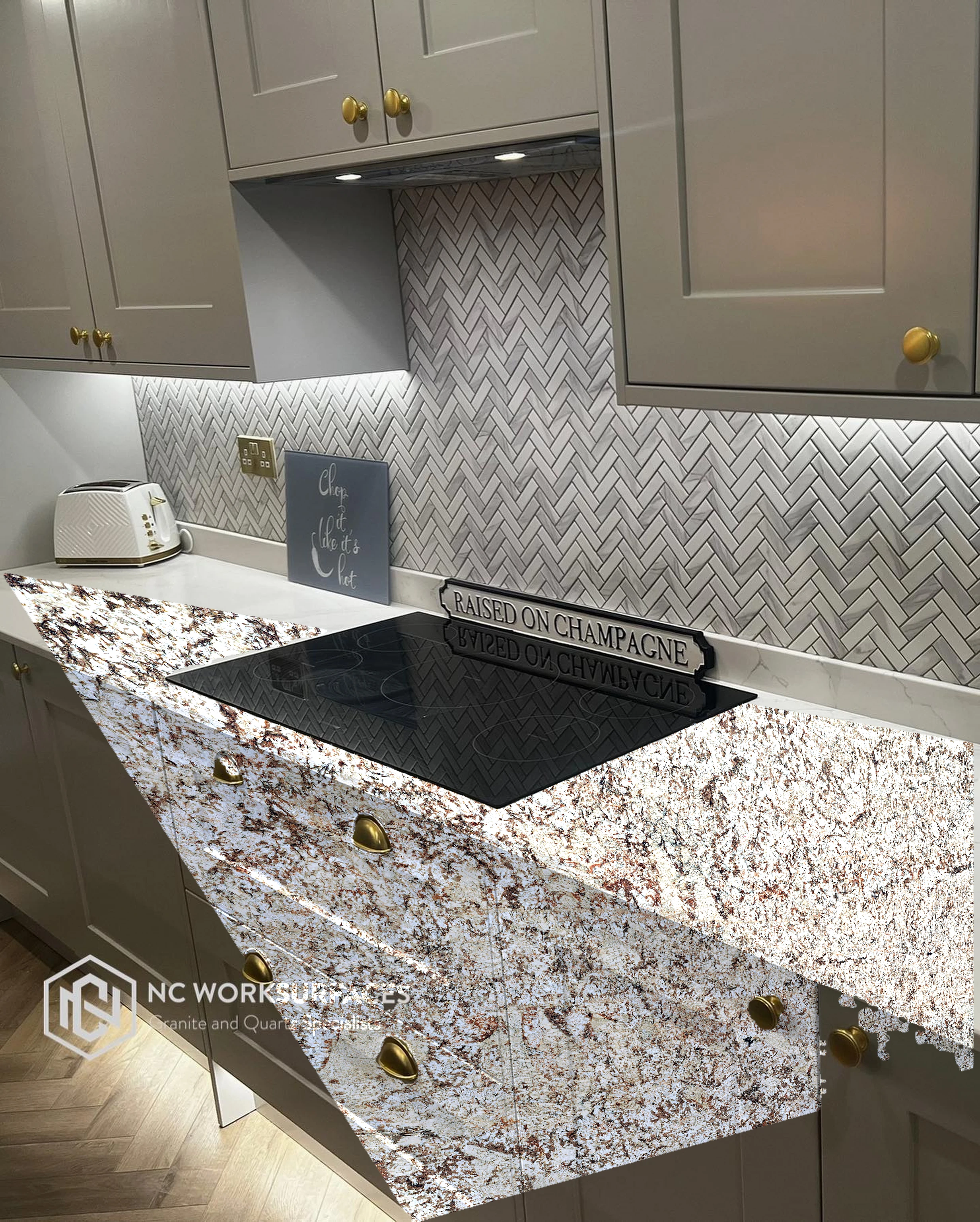 White marble run, hob — visualised with Bianco Antico granite